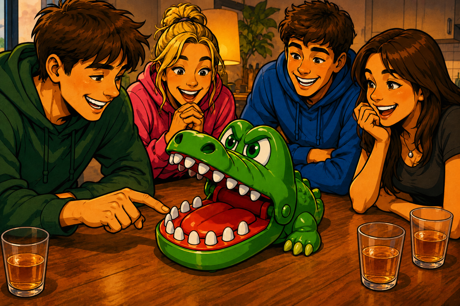 Krokodillenspel met het spel Krokodil met Kiespijn en shotglazen