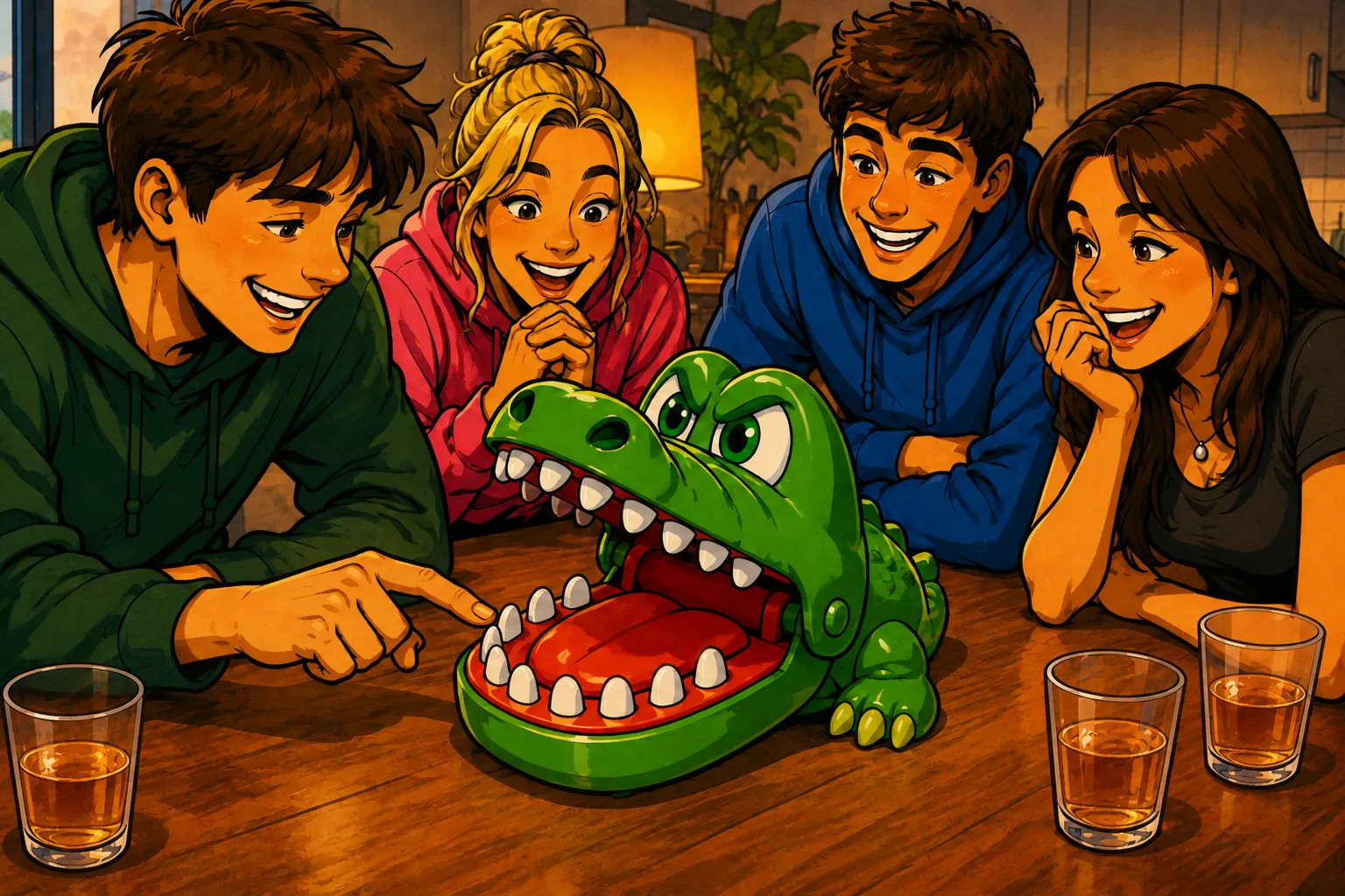 Krokodillenspel met het spel Krokodil met Kiespijn en shotglazen