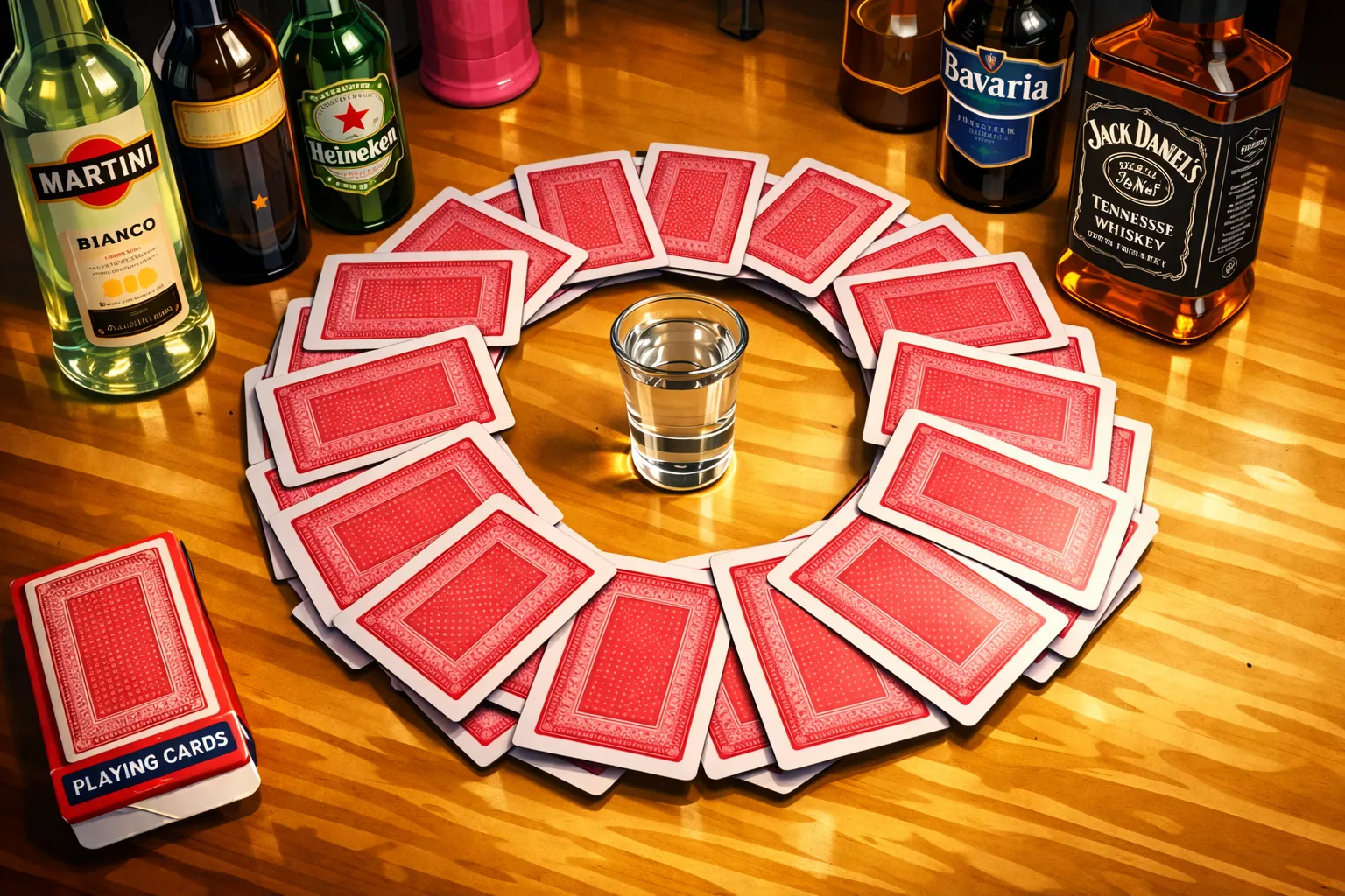 Kingsen drankspel met kaarten in een cirkel rond een shotglas